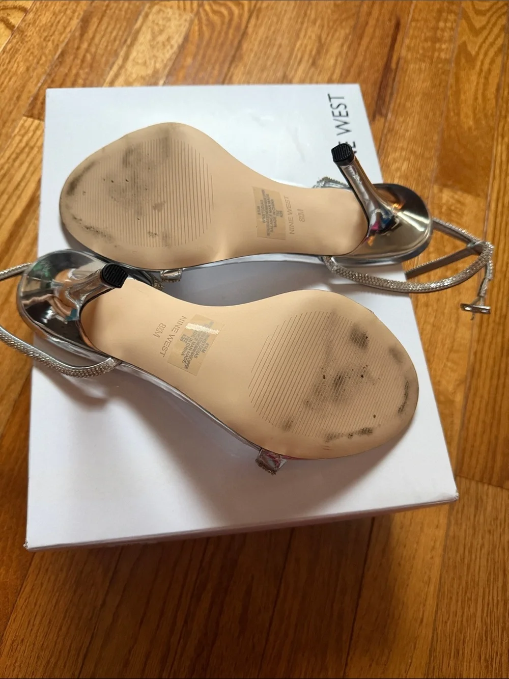 Nine West Shimmery Silver Ankle-Strap Heels